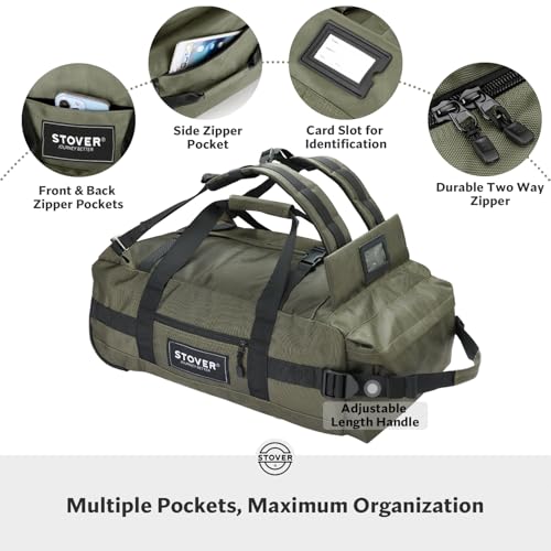 STOVER 45/80/100L Carry-On Rolling Duffel Bag with Wheels, Medium Durable Travel Duffle w/Toiletry Bag, Packable, Foldable with Shoulder Straps- Use as Luggage or Backpack, Men/Women (Green) - color: Green