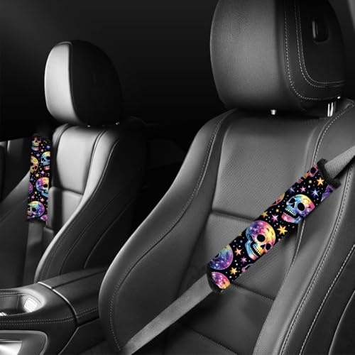 2Pcs Halloween Soft Auto Seat Belt Cover Pads, Rainbow Skull Car Seatbelt Shoulder Cushion for Comfortable Driving, Compatible with All Cars' Seatbelt and Backpack Straps 11x2.4inch - color: Skull