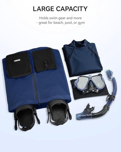 WANDF Swim Bag for Swimmers, Mesh Beach Backpack - color: Navy Blue With 2 Front Pockets, size: Large