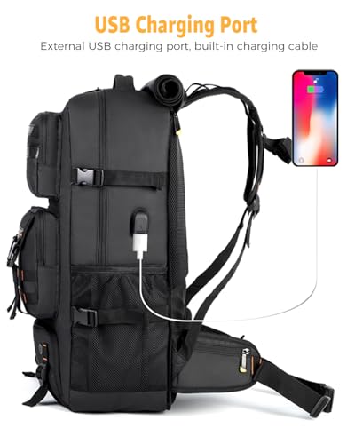 Ponhog Travel Backpack for Men, 50L Carry On Flight Approved Convertible Duffle Bag with Shoe Compartment, 17 inch Laptop Luggage with USB Charging Port for Weekender Hiking, Black