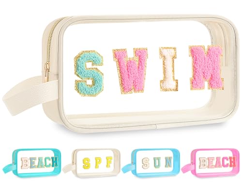 Kacctyen Letter Clear Makeup Bags Swim Pouch Cute Preppy Patch Clear Travel Bag with Zipper Small Chenille Nylon Cosmetics Waterproof Sandproof Bags Toiletry Storage Snack Sunscreen Pouch for Women - color: White, style: Swim