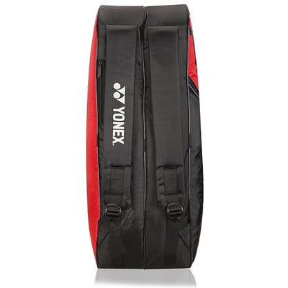 Yonex Stylish Badminton Kit-Bag |Double Zipper Compartment for Storage of 6 Rackets and Clothes|Side Pocket |Back Straps |Accessories Compartment |Made in India - color: RED BLACK