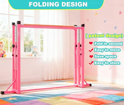 Marfula Gymnastic Bar For Kid and Teenage of 3-25, 5Ft/8 FT Base Length 4Ft Width 5Ft Adjust Height, Gymnastic Kip Bar For Gymnast, Gymnastic Training Equipment For Professional Training Home Club Use - color: Pink (New Style - 8 Ft Base)