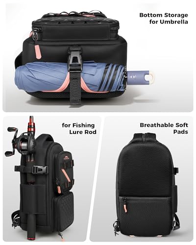 MATEIN Fishing Sling Bag with Lure Rod Holder & Phone Pouch, Waterproof 3600 Tackle Box Backpack with Removable Bait Binder - color: Black-pink