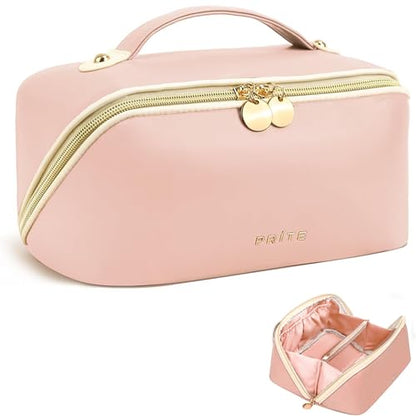 Prite Makeup Bag for Women Travel Waterproof Vegan Leather Cosmetic Bag Open Flat Toiletry Bag With Clear Divider and Handle (Pink, Large) - color: Pink, size: Large