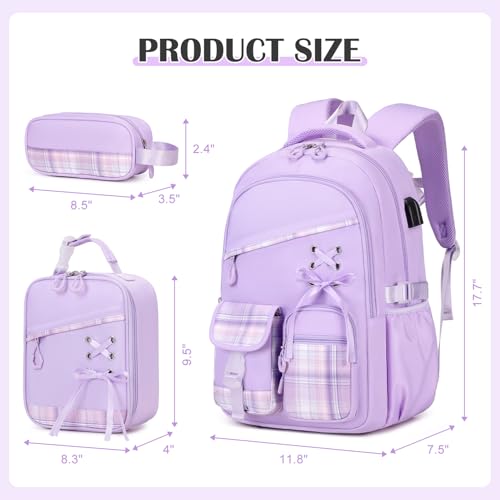 DIGOBAY Backpacks for Girls - 3PCS Girls Backpack with Lunch Box & Pencil Pouch Plaid School Backpacks for Elementary Middle High College School Bookbag for Teen Girl Kids Students Purple - color: Purpleplaid
