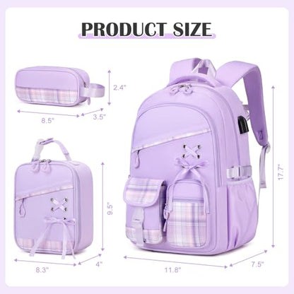 DIGOBAY Backpacks for Girls - 3PCS Girls Backpack with Lunch Box & Pencil Pouch Plaid School Backpacks for Elementary Middle High College School Bookbag for Teen Girl Kids Students Purple - color: Purpleplaid