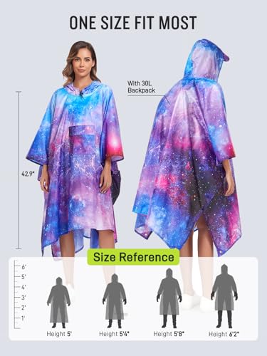 SaphiRose Extra Thick Hooded Rain Poncho Double Layer Waterproof Raincoat Jacket for Men Women Adults - color: Universe