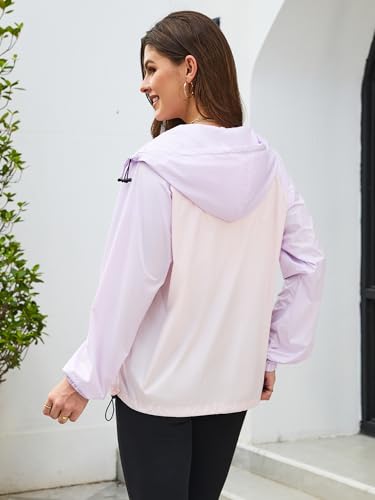 PITINAN Lightweight Rain Jacket Women Packable Wind Breaker Light Rain Jacket Women Waterproof Travel Raincoat S-XXL - color: Light Purple+peachy Pink, size: X-Large