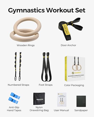 PACEARTH Gymnastics Rings 32mm Wooden Olympic Rings Support 1500lbs Locked Carabiners 9ft Double-Layer Numbered Straps Non-Slip Gym Rings with Foot Straps Door Anchor for Home Gym Full Body Workout - style: 1.25" Carabiners Rings & Daisy Chains Straps & D