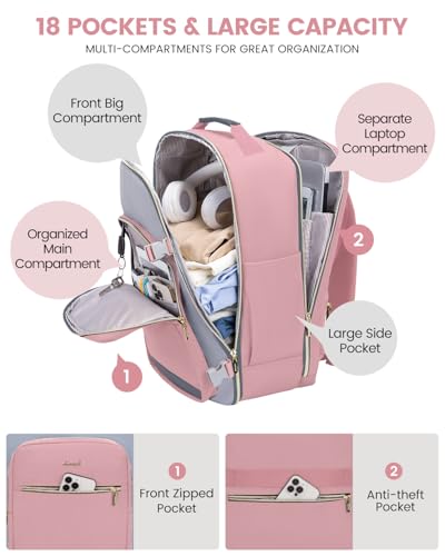 LOVEVOOK 50L Travel Backpack for Women & Men, Airline Approved Carry On Luggage with 3 Packing Cubes, TSA Overnight Bags, Waterproof Personal Item Bag, Weekender Essentials Backpacks fits 17" Laptop - color: Pink-light Grey-grey, size: X-Large