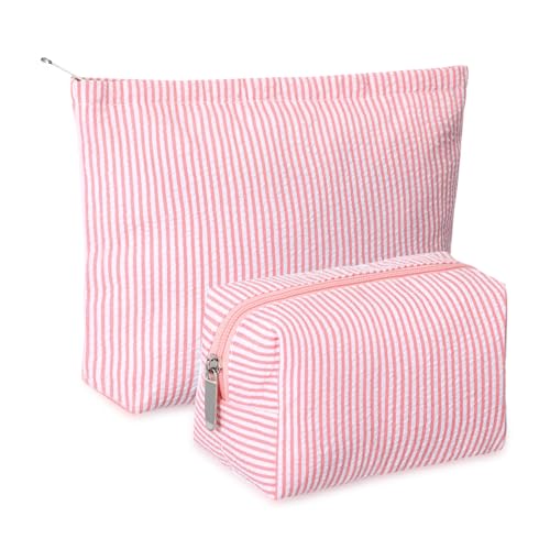 Huhumy 2 Pcs Makeup Bag Set Cute Cosmetic Pouch for Women Seersucker Travel Toiletry Bag Preppy Small Makeup Purse Pouch Aesthetic Skincare Brushes Storage Organizer for Valentine Women(Rose Pink) - color: Rose Pink, style: Thin Striped Seersucker