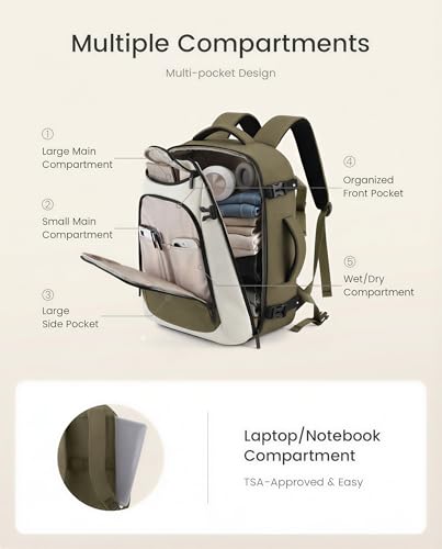 LOVEVOOK 40L Travel Backpack for Women & Men,Airline Approved Carry On Backpack with 3 Packing Cubes,TSA Waterproof Personal Item Bag,Weekender Overnight Essentials Backpacks fits 18" Laptop - color: Green/White, size: 40L-4PCS