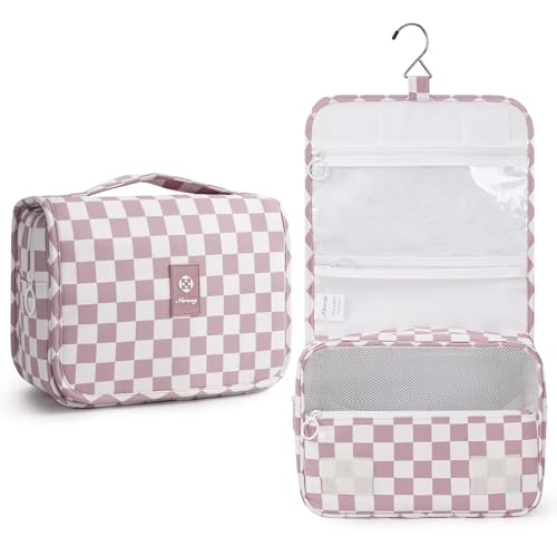 Narwey Hanging Travel Toiletry Bag for Kids Girls Women, Cute Makeup Bag - color: Dusty Pink Checkerboard