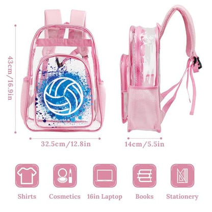 Volleyball Clear Backpack Heavy Duty for Girls Kids Boys Women | Large Cool PVC Volleyball Theme Printing Transparent Backpacks for Schools Stadium Concerts Work - Clear/Pink - color: Volleyball Clear Backpack 2 Pink With Front Pocket