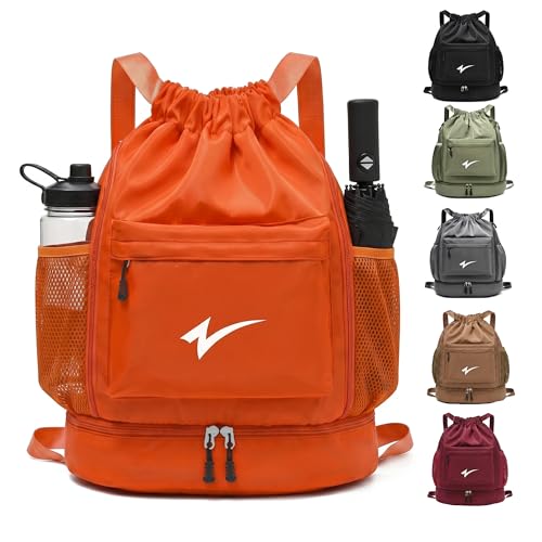 Sport Drawstring Backpack, Gym Bag with Mesh Side Pockets and Separate Shoe Compartment, Water-Resistant (Orange) - color: Orange