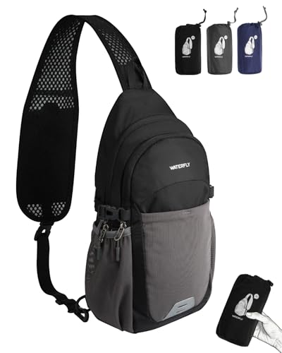 WATERFLY Packable Crossbody Sling Bag: Small Lightweight Travel RFID Blocking Sling Daypack with Water Bottle Holder - Shoulder Chest Bag Backpack for Women Men Hiking Traveling Theme Parks - color: Black