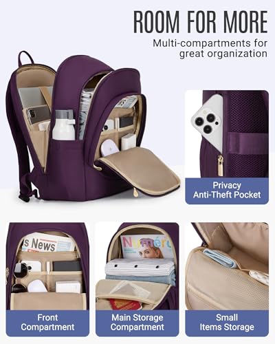 LIGHT FLIGHT Travel Backpack for Women, 15.6 Inch, Purple | Laptop Backpack, USB Charging Hole, Water Resistant, Large Capacity, College Bookbag - color: Purple, size: 15.6 Inch without Wheels