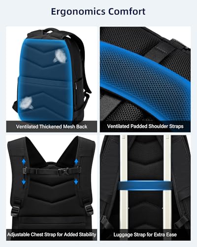 HanTrip Travel Laptop Backpack for Women Men, 18 Inch Large Work Backpack for Commuter College School Book Bags, Water Resistant Backpack with Luggage Strap Water Bottle Pocket Chest Strap, Black - color: Black