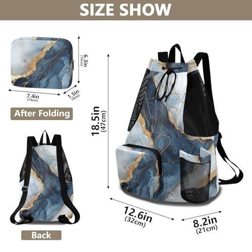 Drawstring Backpack For Swim Gym Swim Bag With Water Bottle Holder Pull String Back Pack Waterproof Marble White Navy Blu - color: Color 14