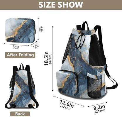 Drawstring Backpack For Swim Gym Swim Bag With Water Bottle Holder Pull String Back Pack Waterproof Marble White Navy Blu - color: Color 14