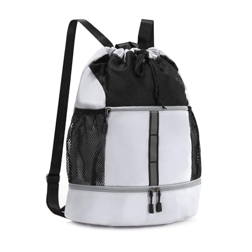 Valleycomfy Drawstring Gym Bag Sports Backpack With Shoe Compartment and Reflective Strips White - color: White