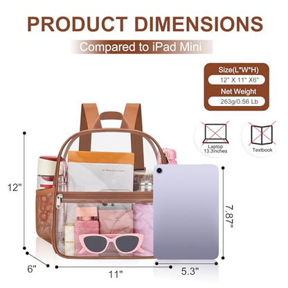 Oraben Clear Backpack Stadium Approved, 12 x 6 x 11 in, Small Transparent Backpack for Concerts, Sports Events, Festivals, Travel, Waterproof PVC, Adjustable Straps, Women Men - color: Coffee Brown, style: Nylon Shoulder Straps
