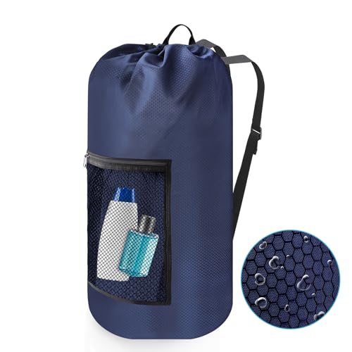 Portable with Adjustable Shoulder Straps Travel Dirty Laundry Bag,with Drawstring Closure & Mesh Pocket Backpack Laundry Bag for College,Apartment,Camping(Dark Blue) - color: Dark Blue, size: 1Pack
