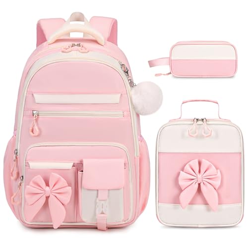 DIGOBAY Backpack for Girls, 3PCS Girls Backpack for School with Lunch Bag Pencil Case, Cute Kids Teens Bookbag for Kindergarten Elementary Preschool Middle School (Pink) - color: Beige-pink