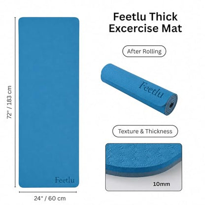 Extra Thick Yoga Mat with Carry Strap, 10mm Non-Slip Exercise Mat, 72 x 24 Inch Cushioned Workout Mat for Yoga, Pilates, Stretching & Floor Exercises - color: Trurkey Blue & Gray