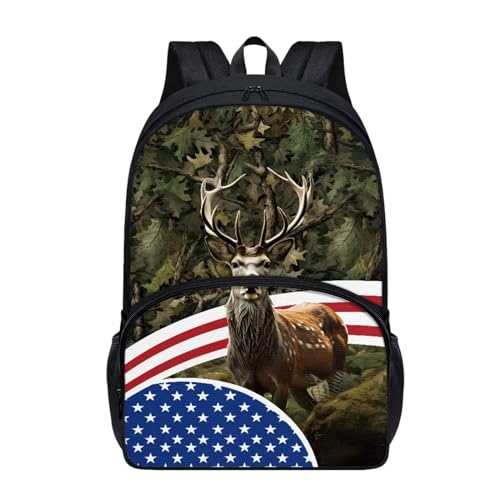 Talayituse Deer Camo American Flag Print Kids School Backpack for Boys Girls Kindergarten Middle School Backpacks Casual Travel Daypack Junior School Student Backpack Rucksack with Adjustable Straps - color: Deer Camo American Flag