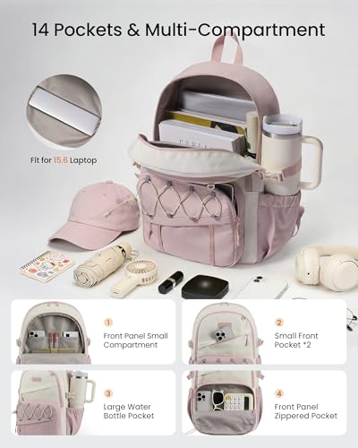 LOVEVOOK School Backpack,Teen Girls Waterproof Laptop Bookbag 15.6" Daily | Large Capacity College Student with base board Laptop Backpack,Lightweight Cute Kid Bookbag with Water Bottle Holder - color: Light Pink - Off White, size: 15.6 inch