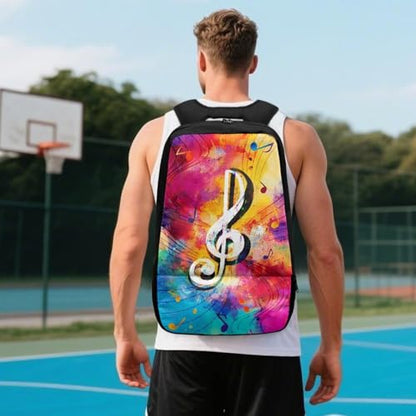 18.5in Basketball Backpack Basketball Bag with Shoe Compartment & Ball Holder, Waterproof Bag for Soccer Volleyball - color: Colorful Music Note Print