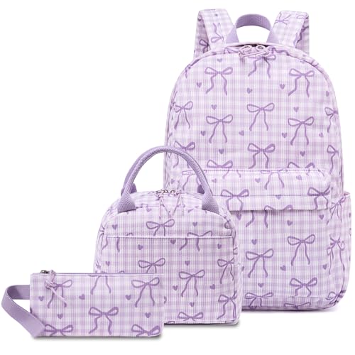 LEDAOU Backpack for Girls School Bag Kids Bookbag Teen Backpack Set Daypack with Lunch Bag and Pencil Case | Kids - color: A-bow Tie Purple