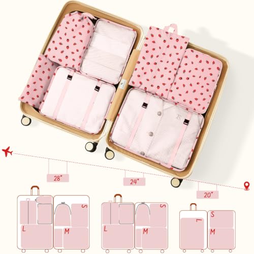 9 Set Packing Cubes for Travel Essentials - Lightweight Carry-On Luggage Organizer Bags with Shoe, Clothes & Laundry Bags for Airplane, Family & Business Travel, Pink strawberry - color: Pink strawberry