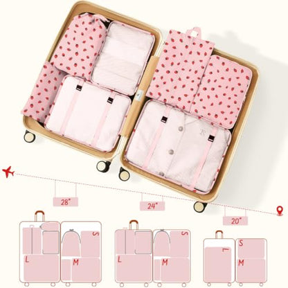 9 Set Packing Cubes for Travel Essentials - Lightweight Carry-On Luggage Organizer Bags with Shoe, Clothes & Laundry Bags for Airplane, Family & Business Travel, Pink strawberry - color: Pink strawberry