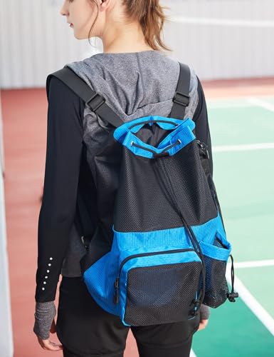 Lohol Large Mesh Drawstring Backpack with Shoe Bag, Durable Swimming String Sack with Handle for Sports Gym Yoga Beach Travel - color: Blue