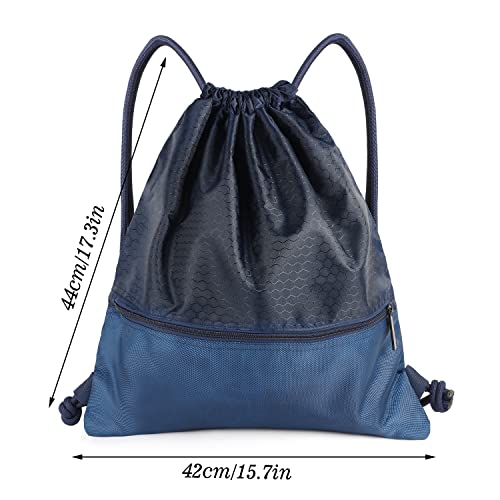 Drawstring Backpack Bag, Waterproof Draw String Back Sack with Zip Pocket, Gym Drawstring Bags Swim Bag for Men Women - color: Navy Blue, Upgraded