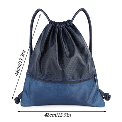 Drawstring Backpack Bag, Waterproof Draw String Back Sack with Zip Pocket, Gym Drawstring Bags Swim Bag for Men Women - color: Navy Blue, Upgraded