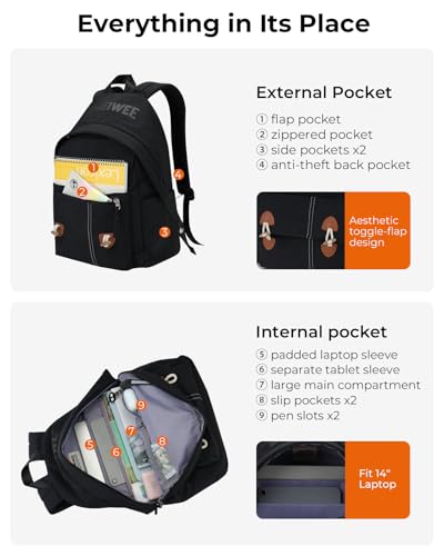 Lightweight Travel Backpack for Women, School Backpack for Teen Girls & Boys, Water-repellent Taslon Fabric, Stylish Casual Daypack for College Everyday Use, Fits 14" Laptop (Black) - color: Black