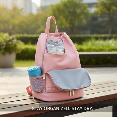 Foldable Gym Backpack with Wet/Dry Separation, Water-Resistant Oxford Sports Bag for Travel & Commute - color: Pink