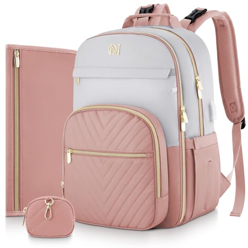 MOMUVO Diaper Bag Backpack, Quilted Baby Bag with Changing Pad & Stroller Straps & Pacifier Case, Large Travel Diaper Bags for Mom Dad, Pink Grey - color: Pink Grey