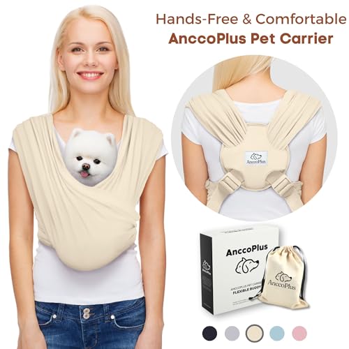 AnccoPlus Dog Carriers for Small Dogs, Front Facing Dog Sling Carrier, Hands Free Cat Carrier, Size Adjustable, Reducing Back Pain, Premium Cotton, Safe and Soft Dog Carrier (Regular, Beige) - color: Beige, size: Regular