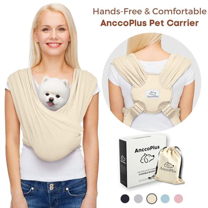 AnccoPlus Hands Free Dog Sling for Small Dogs, Dog Carrier, Beige, Plus | Reduces Back Pain, Front Facing Sling, Hands Free, Size Adjustable, Premium Cotton, Patented Product - color: Beige, size: Plus