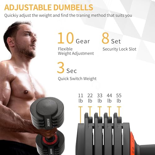 SKOK 25/55 lbs Pair Adjustable Dumbbells Set, Adjustable Weights Dumbbells Set for Men and Women with Anti-Slip Fast Adjust Weight by Turning Handle Dumbbell with Tray - color: 55lbs-Black-Single