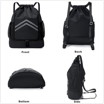 Sports Drawstring Backpack Bag - Waterproof Gym Drawstring Bags with Shoes Compartment and Water Bottle Pockets - Cinch String Backpack - Swim Drawstring Beach Bags for Women & Men, Royal Blue - color: Royal Blue