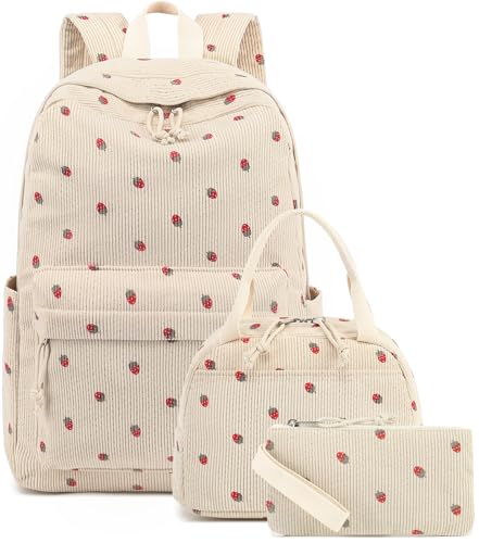 Bluboon School Backpack Set Girls Womens Laptop Bookbag Casual Daypack Fits 15 inch Laptop with Lunch Tote Bag and Pencil Bag - color: Corduroy-strawberry Khaki