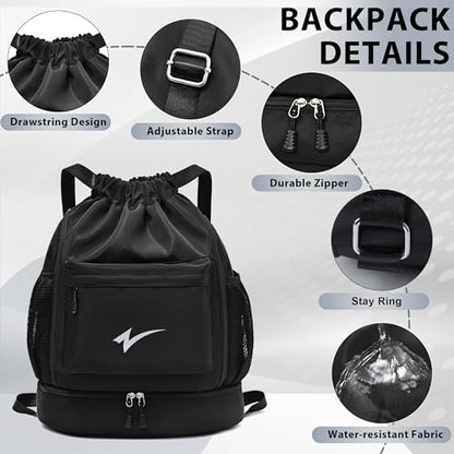 Sport Drawstring Backpack, Gym Bag with Mesh Side Pockets and Separate Shoe Compartment, Water-Resistant (Grey) - color: Grey