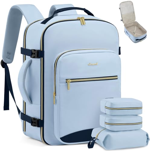 LOVEVOOK 50L Travel Backpack Flight Approved Carry on Backpack,3 Packing Cubes,Waterproof Personal Item Travel Bag,TSA Carry on Luggage Suitcase Travel Essentials,Gifts for Women & Men,fits 18" Laptop - color: Sky Blue - Retro Indigo, size: X-Large-50L-4P