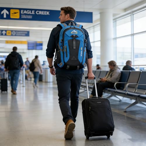 Travel Backpack 40L.Flight Friendly Approved Carry-on Luggage,Anti theft.Water.resistant.Lightweight.Business.Rucksack,Durable Large Weekender Bag Daypack Fits 17.3 Inch Laptop Unisex - color: Grey and Blue